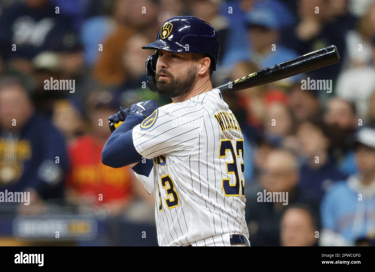 Milwaukee Brewers designated hitter Jesse Winker (33) watches his two RBI single against the Los Angeles Angels during the fifth inning of a baseball game Saturday, April 29, 2023, in Milwaukee. (AP Photo/Jeffrey Phelps) Banque D'Images