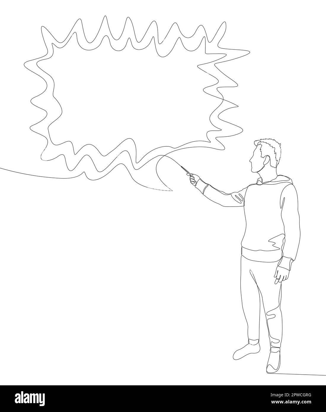 Une ligne continue de l'homme pointant du doigt sur la bulle vide de la parole. Concept de vecteur d'illustration à trait fin. Dessin de contour idées créatives. Illustration de Vecteur