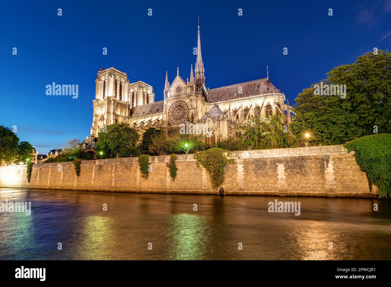 La Seine et la cathédrale notre-Dame de Paris la nuit Banque D'Images