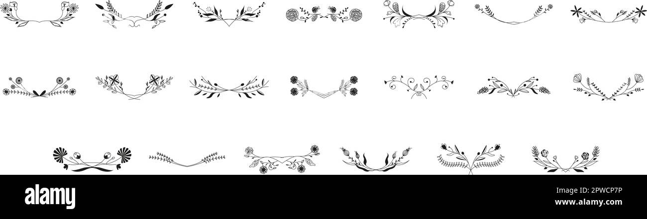 Collection vintage de bordures fleuries dessinées à la main. Ensemble d'éléments de conception de caniche d'encre isolés sur blanc pour mariage, anniversaire, cartes de noël et autres invitations. Style rustique. Illustration vectorielle Illustration de Vecteur
