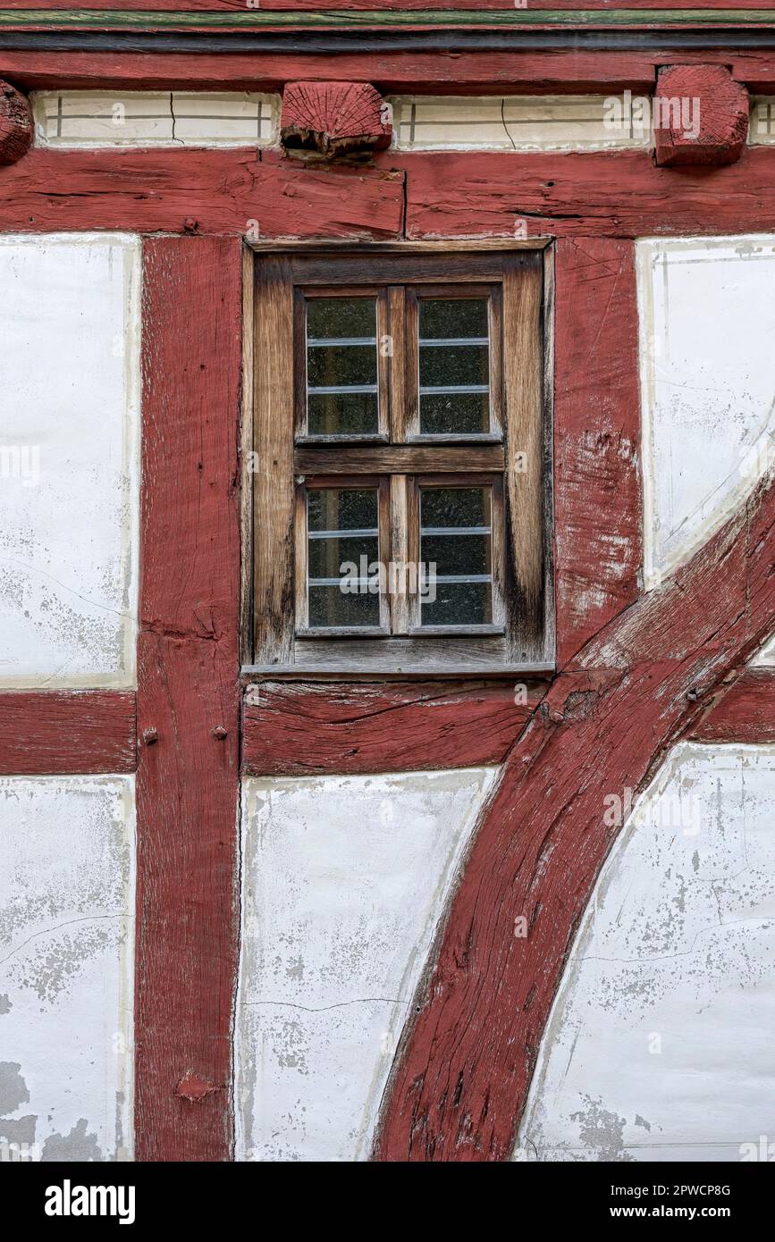 Façade avec fenêtre entre poutres en bois, colombage, maison officielle de Hungen, maison historique à colombages, musée en plein air de Hessenpark Banque D'Images