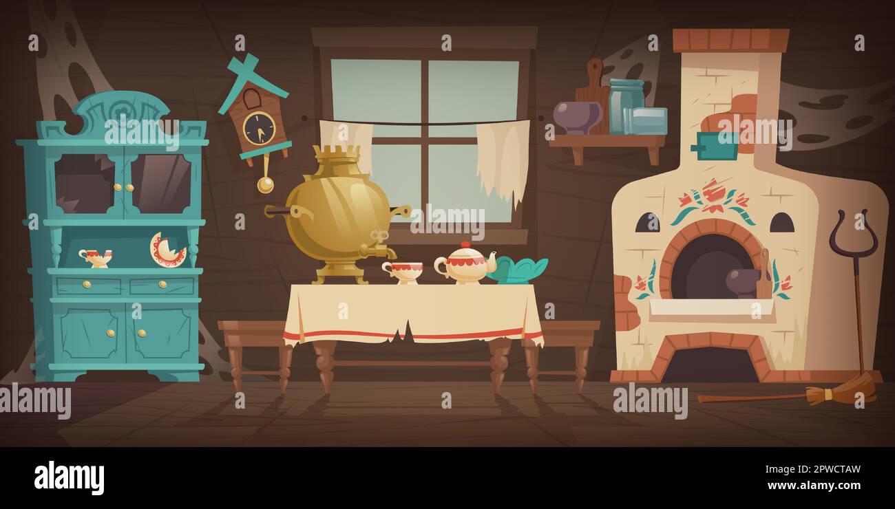 Ancienne maison rurale russe, ukrainienne abandonnée avec four, sale samovar et placard avec fenêtre cassée. Illustration vectorielle de pièce en bois vide, cuisine russe traditionnelle avec cuisinière Illustration de Vecteur