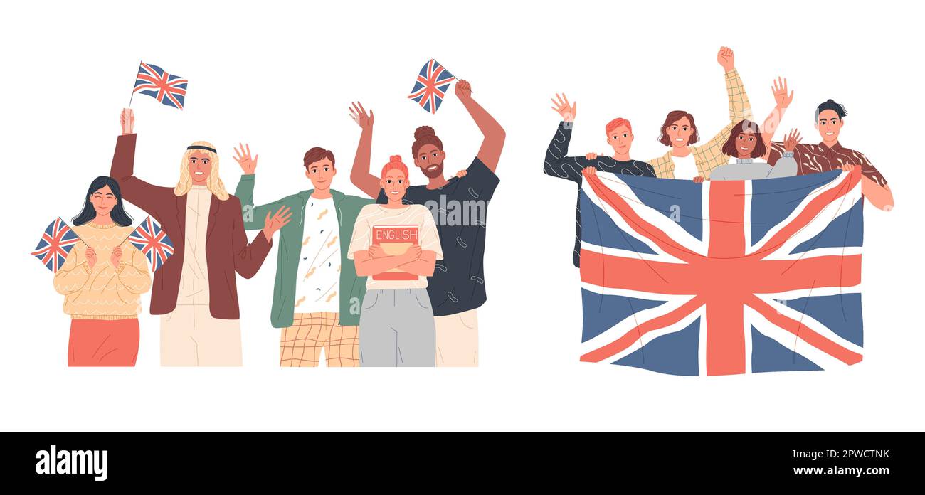 Groupe de personnes portant les drapeaux britanniques. Apprendre l'anglais Illustration de Vecteur