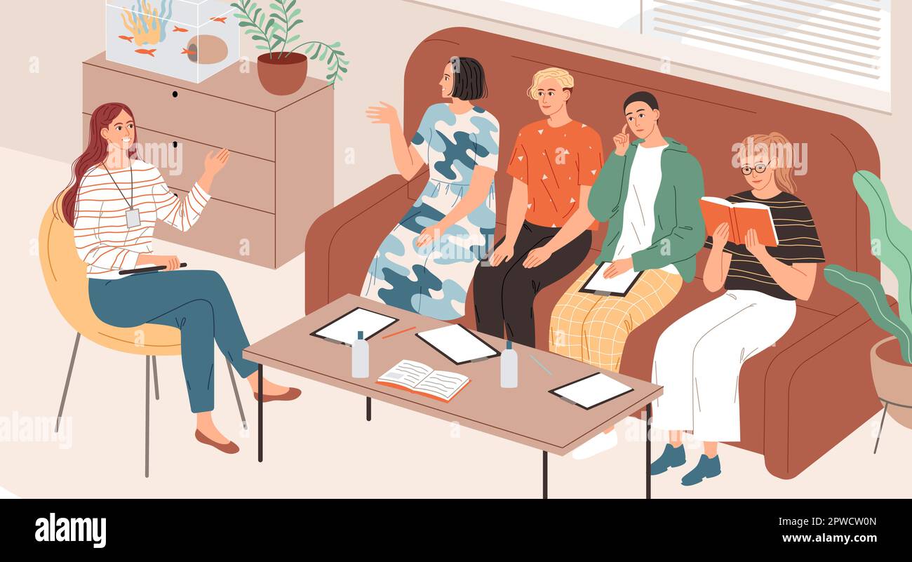 Femme parlant à un groupe de jeunes assis sur un canapé Illustration de Vecteur