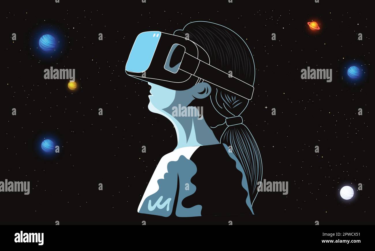 Jeune femme personnage regardant la planète extérieure par VR Box la nuit. Illustration de Vecteur