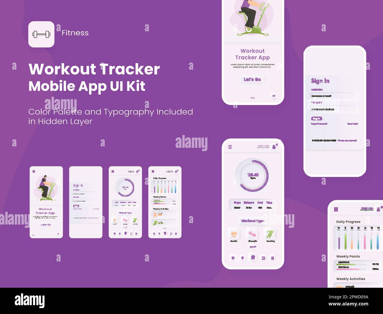 Kit d'interface utilisateur de l'application mobile de suivi d'entraînement comprenant les écrans de connexion, d'inscription et de processus quotidien sur fond violet. Illustration de Vecteur