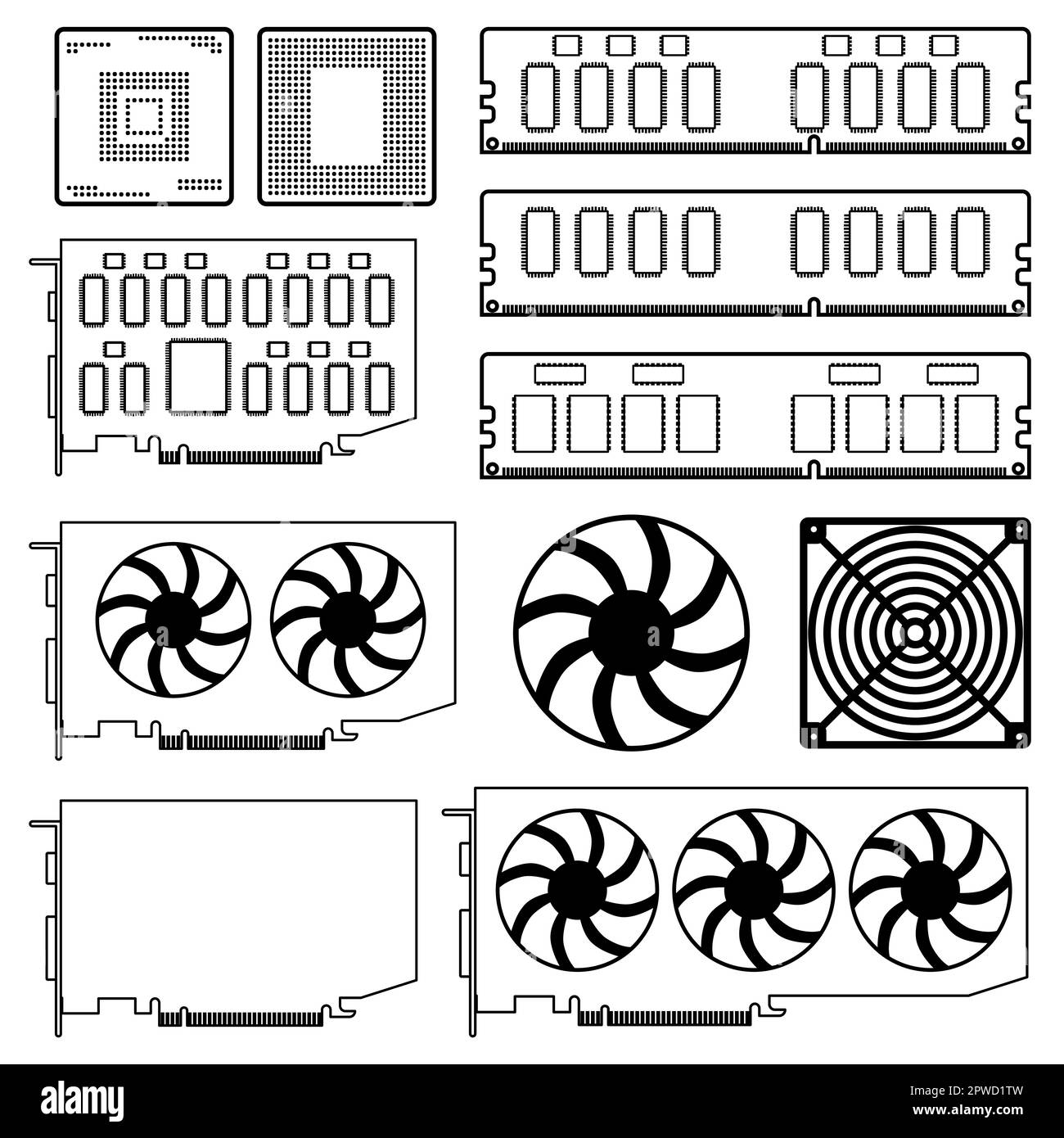 Ensemble de silhouettes et de contours de matériel informatique et de pièces informatiques isolés sur fond blanc. Processeur, carte graphique vidéo, RAM. Clipart vectoriel. Illustration de Vecteur