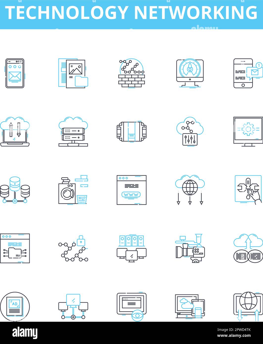 Jeu d'icônes de ligne vectorielle de mise en réseau technologique. Réseau, technologie, LAN, WAN, TCP, L'illustration IP, Wi-Fi présente des symboles et des signes de concept Illustration de Vecteur