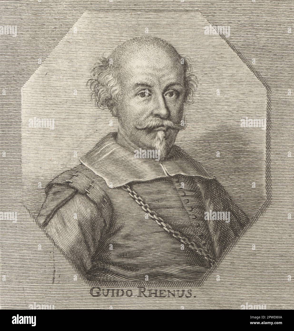 Guido Reni, peintre italien de la période baroque, 1575-1642. Il a peint des sujets religieux, mythologiques et allégoriques. Guido Rhenus. Gravure sur plaque de coperplate par Johann Georg Waldreich d'après une illustration de Joachim von Sandrart de son Académie Todesca, della Architectura, Scucultura & Pittura, oder Teutsche Academie, der Edlen Bau- Bild- und Mahlerey-Kunste, Académie allemande d'architecture, Sculpture et peinture, Jacob von Sandrart, Nuremberg, 1675. Banque D'Images