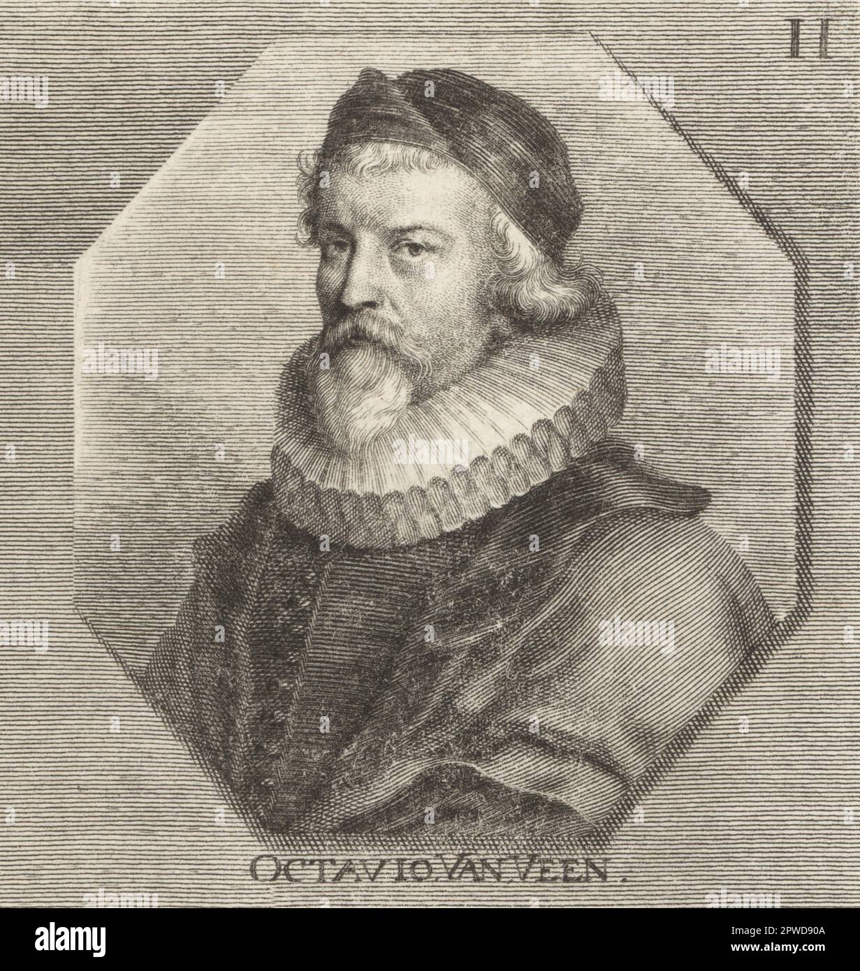 Otto van Veen, peintre, dessinateur et humaniste, principalement à Anvers et Bruxelles, 1556-1629. Octavio van Veen. Gravure sur plaque de coperplate par Johann Georg Waldreich d'après une illustration de Joachim von Sandrart de son Académie Todesca, della Architectura, Scucultura & Pittura, oder Teutsche Academie, der Edlen Bau- Bild- und Mahlerey-Kunste, Académie allemande d'architecture, Sculpture et peinture, Jacob von Sandrart, Nuremberg, 1675. Banque D'Images