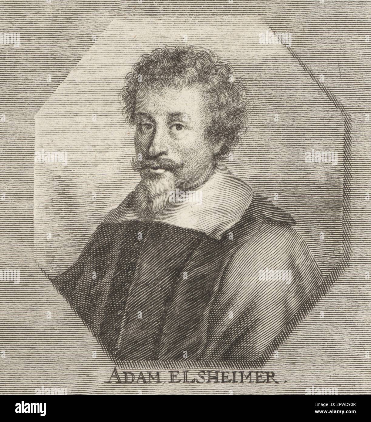 Adam Elsheimer, peintre allemand qui a travaillé à Rome, 1578-1610. Très influent dans le domaine des peintures baroques. Gravure sur plaque de coperplate par Johann Georg Waldreich d'après une illustration de Joachim von Sandrart de son Académie Todesca, della Architectura, Scucultura & Pittura, oder Teutsche Academie, der Edlen Bau- Bild- und Mahlerey-Kunste, Académie allemande d'architecture, Sculpture et peinture, Jacob von Sandrart, Nuremberg, 1675. Banque D'Images