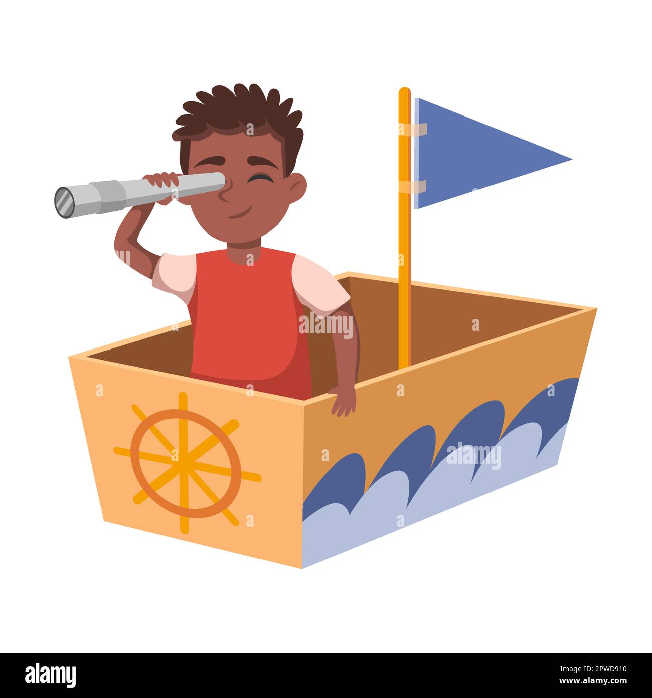 Enfant avec navire de costume en bois et pirate en carton boxe illustration vectorielle. Dessin animé créatif enfant dans un bateau en carton isolé sur fond blanc Illustration de Vecteur