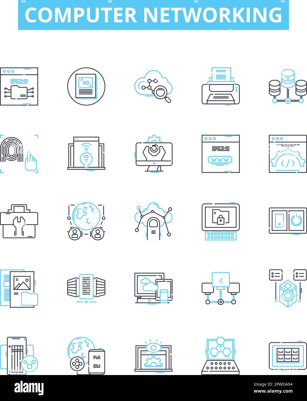 Jeu d'icônes de ligne vectorielle de mise en réseau informatique. Réseau, ordinateur, Ethernet, TCP/IP, Wi-Fi, Routeurs, illustration du commutateur, présentent les symboles de concept et Illustration de Vecteur