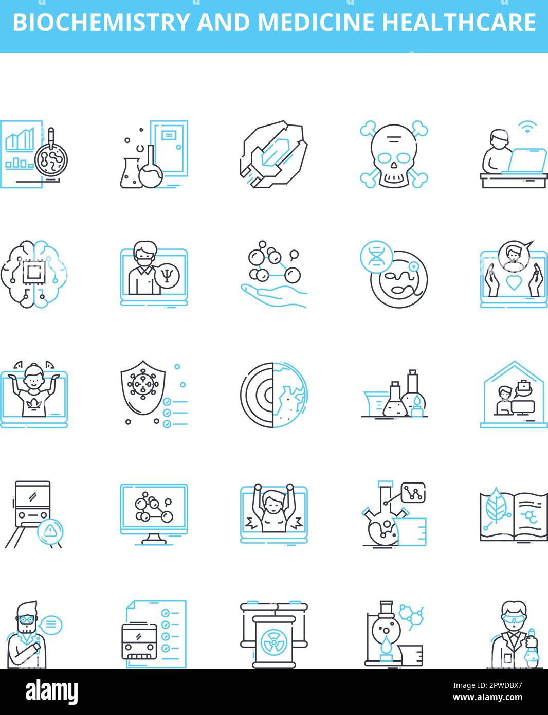 Ensemble d'icônes de lignes vectorielles de biochimie et de médecine de soins de santé. Biochimie, métabolisme, enzymes, hormones, protéines, Gènes, schéma de l'illustration de l'ADN Illustration de Vecteur