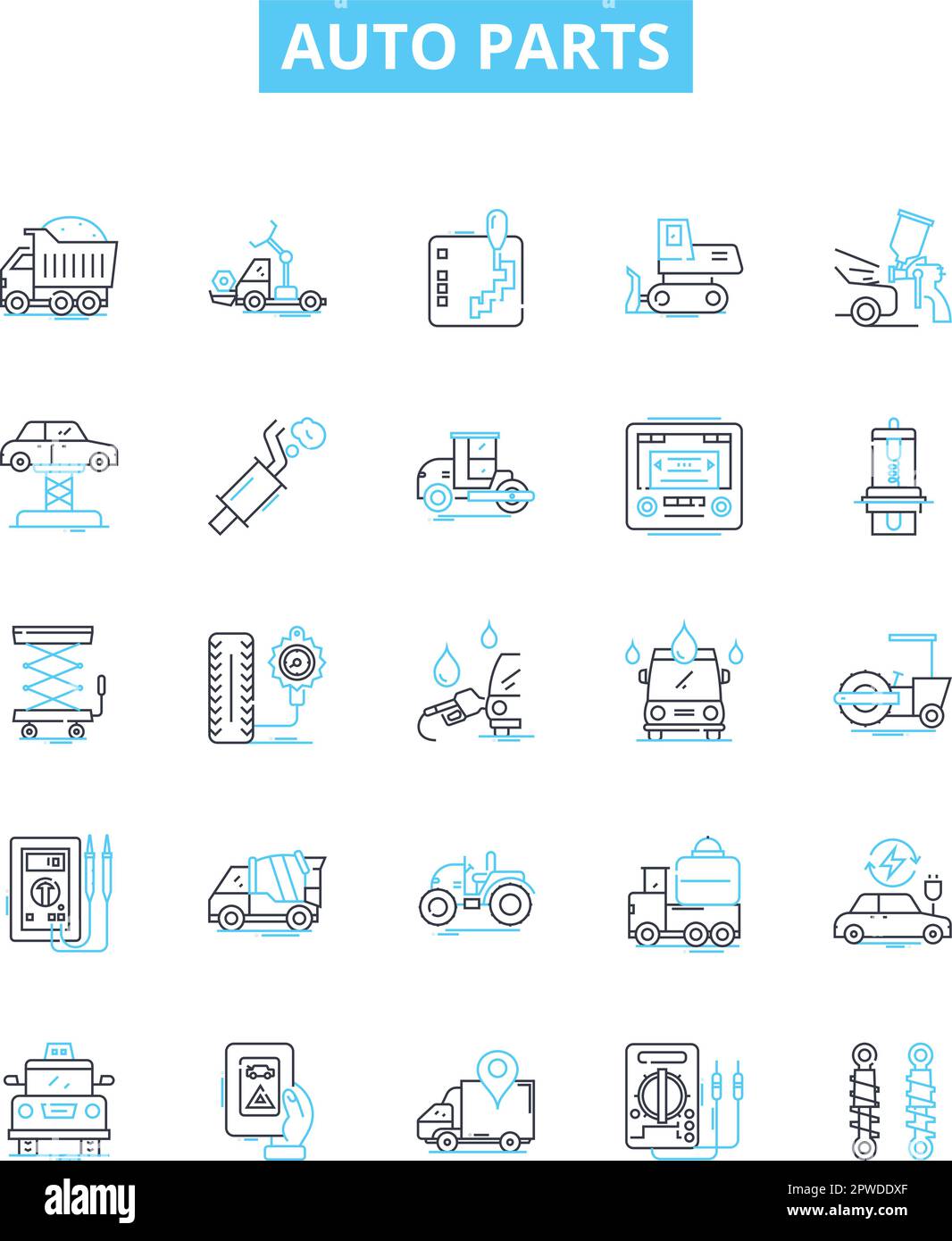 Jeu d'icônes de lignes vectorielles de pièces automatiques. Voiture, auto, pièces, pneus, batterie, Radiateur, l'illustration de l'huile présente les symboles et les signes conceptuels Illustration de Vecteur