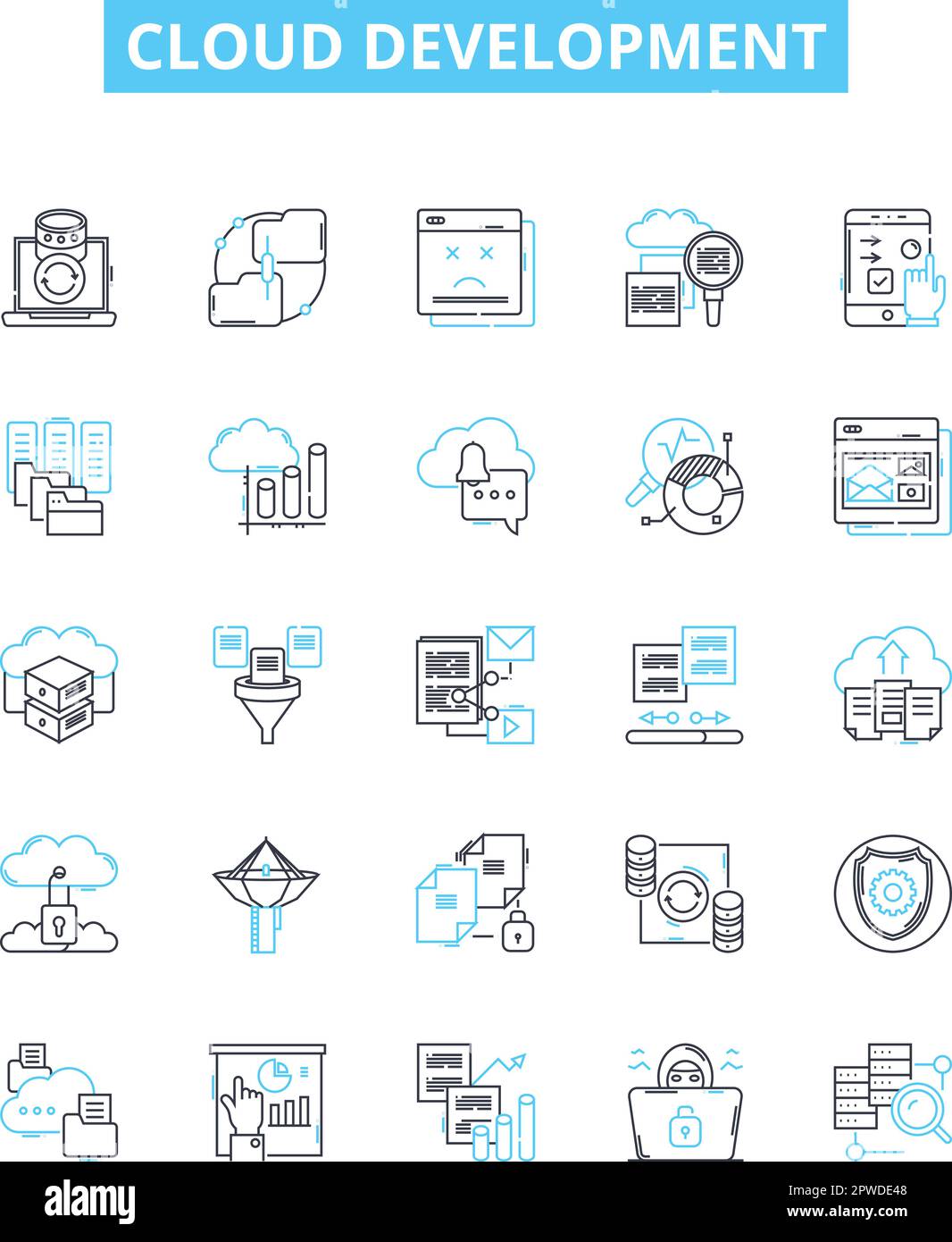 Ensemble d'icônes de lignes vectorielles de développement de cloud. Cloud, développement, plate-forme, architecture, déploiement, Gestion, présentation de l'illustration de l'infrastructure Illustration de Vecteur