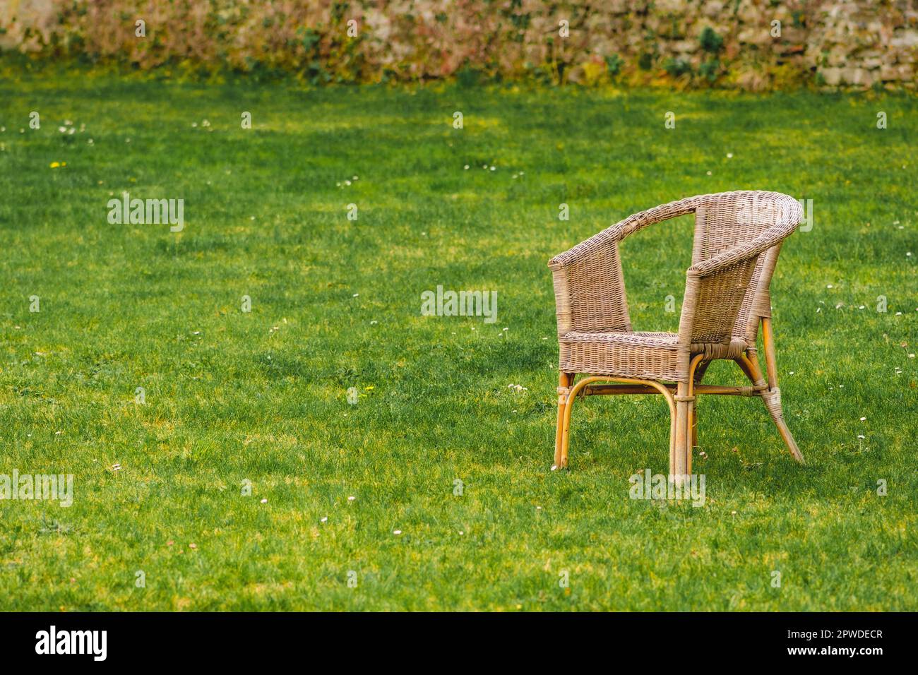 Ancien fauteuil en osier vide sur pelouse en herbe verte avec fleurs printanières et vieux mur en brique sur fond Banque D'Images