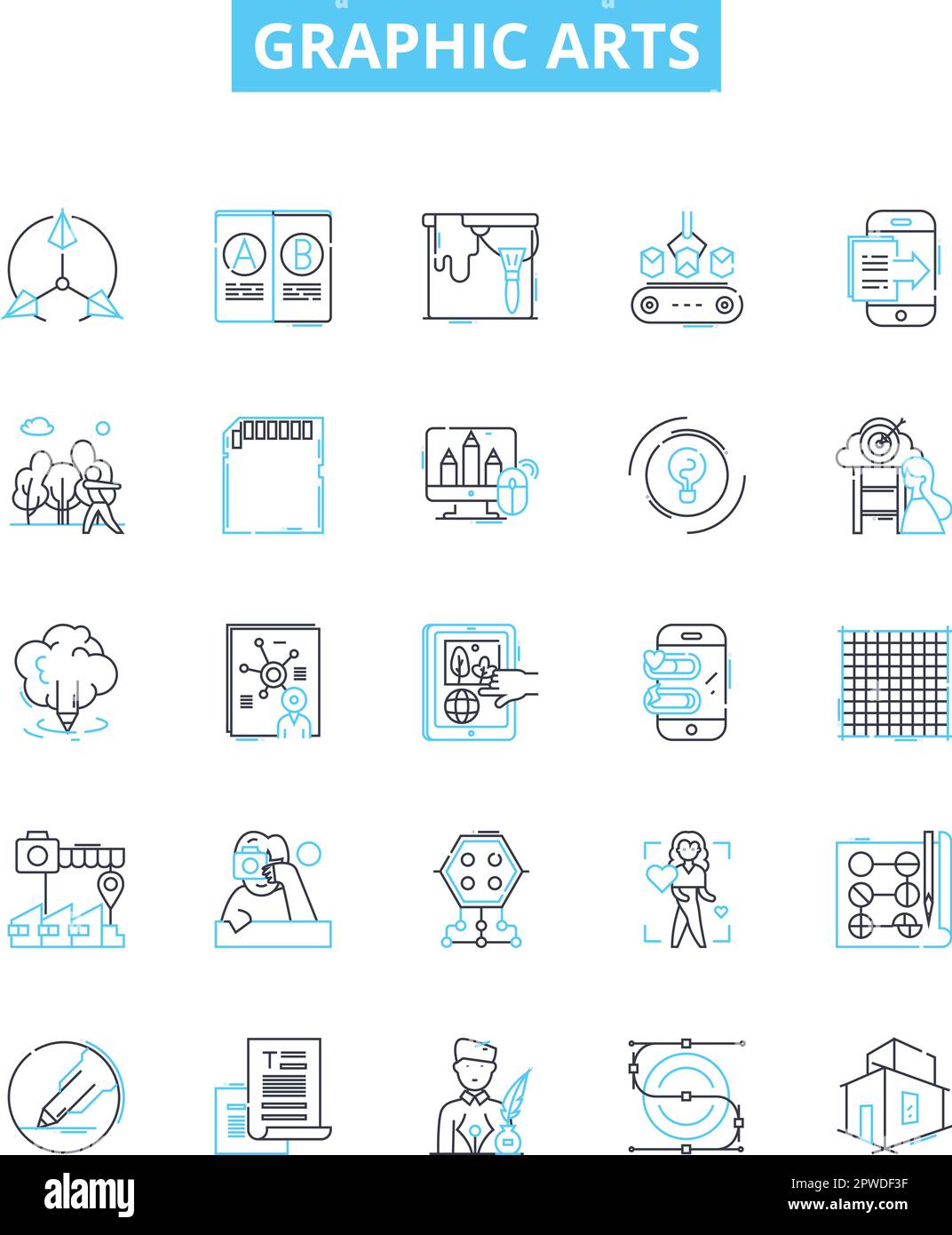 Jeu d'icônes de lignes vectorielles d'arts graphiques. Graphiques, Art, visuels, illustrations, dessins, Les images, les affiches d'illustration présentent les symboles et les signes conceptuels Illustration de Vecteur