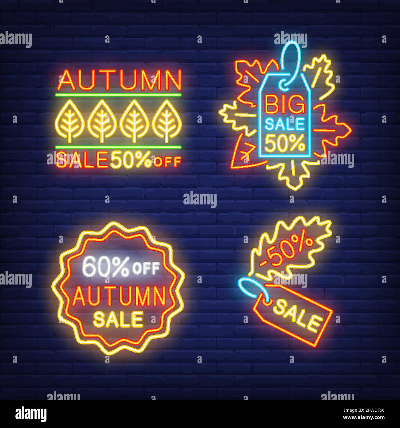 Soldes d'automne, moins cinquante pour cent de lettrages au néon Illustration de Vecteur