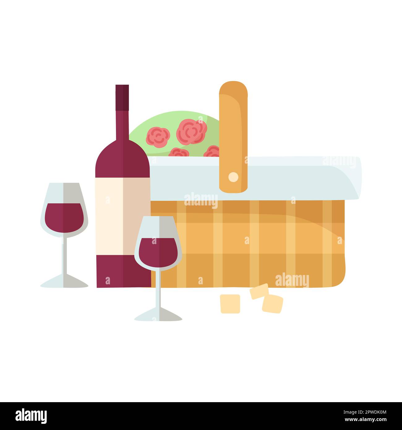 Panier en osier avec bouquet et illustration de la carte du vin Illustration de Vecteur
