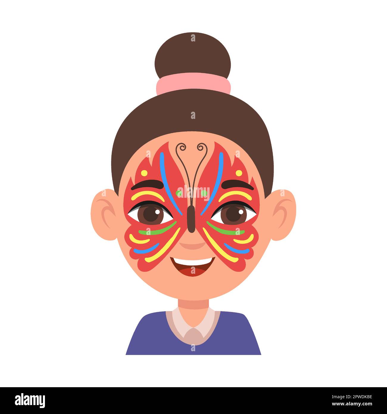 Portrait d'enfant avec masque de papillon tropical de visage, illustration de vecteur de maquillage. Enfants avec une peinture ou un masque créatif pour le visage, animaux et héros Illustration de Vecteur