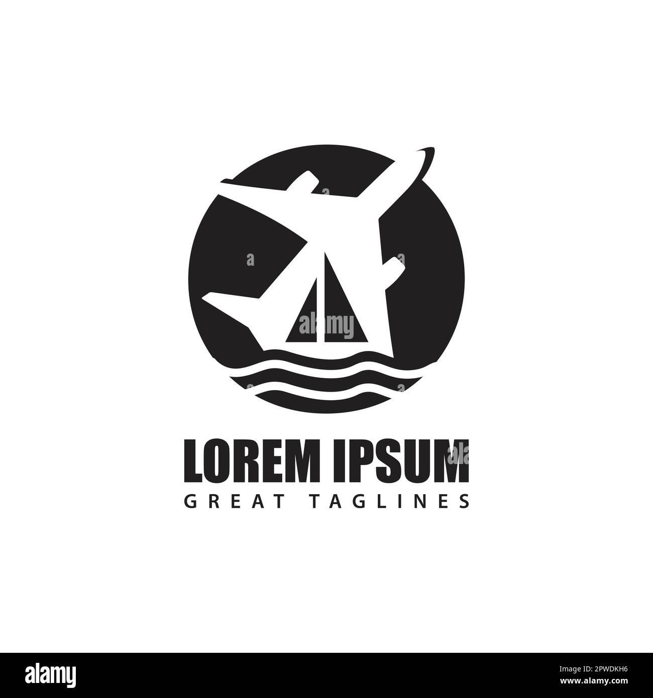 Concept de logo de voyage avec avion et bateau à voile dans la technique d'espace négatif. Illustration vectorielle du logo de l'agence de voyage Illustration de Vecteur