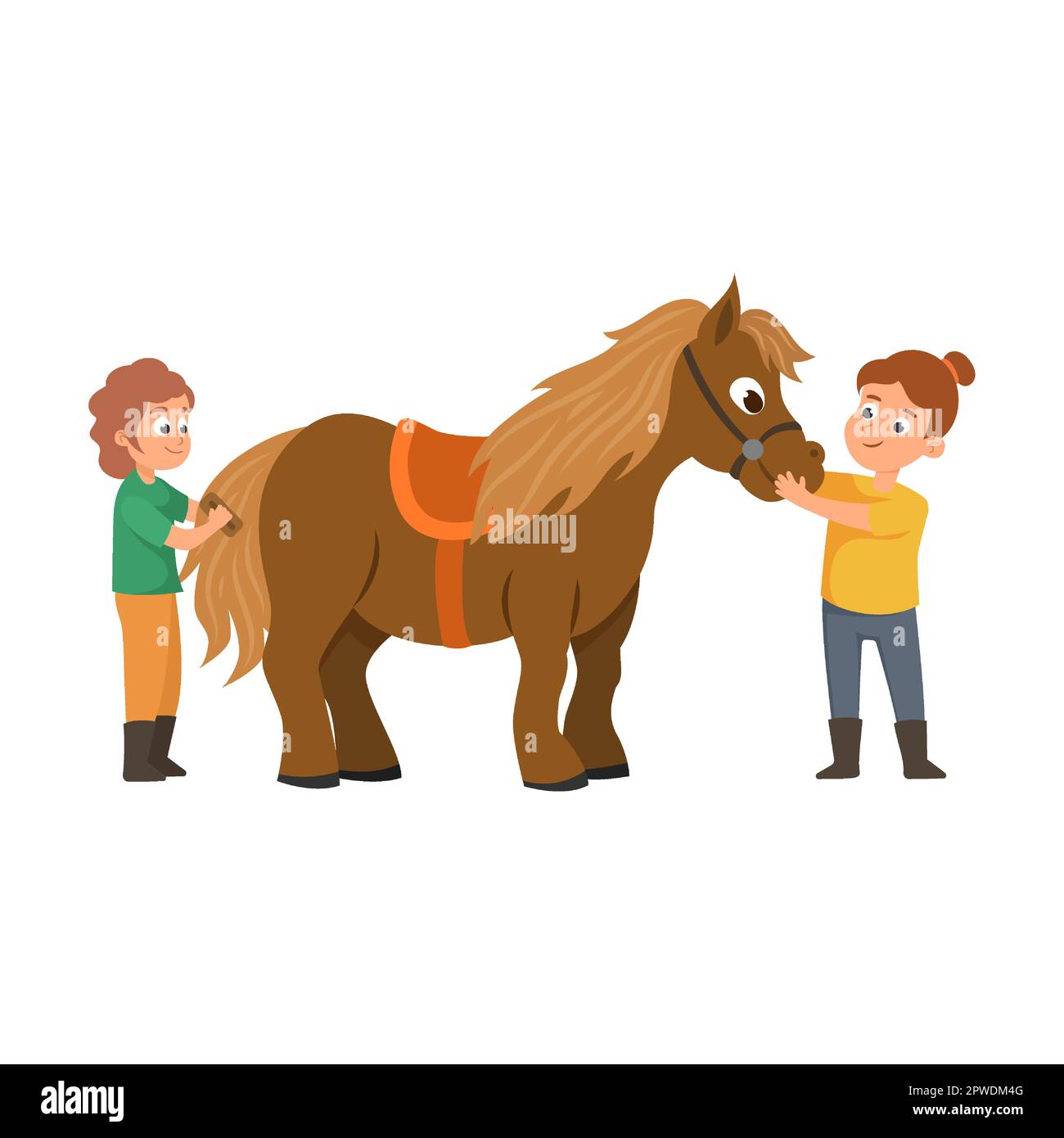 Fille se brossant la queue. Enfant à cheval. Illustration vectorielle de l'entraînement, de l'alimentation ou du toilettage d'un petit cavalier mignon poney brun. Dessin animé jeune équestre Illustration de Vecteur