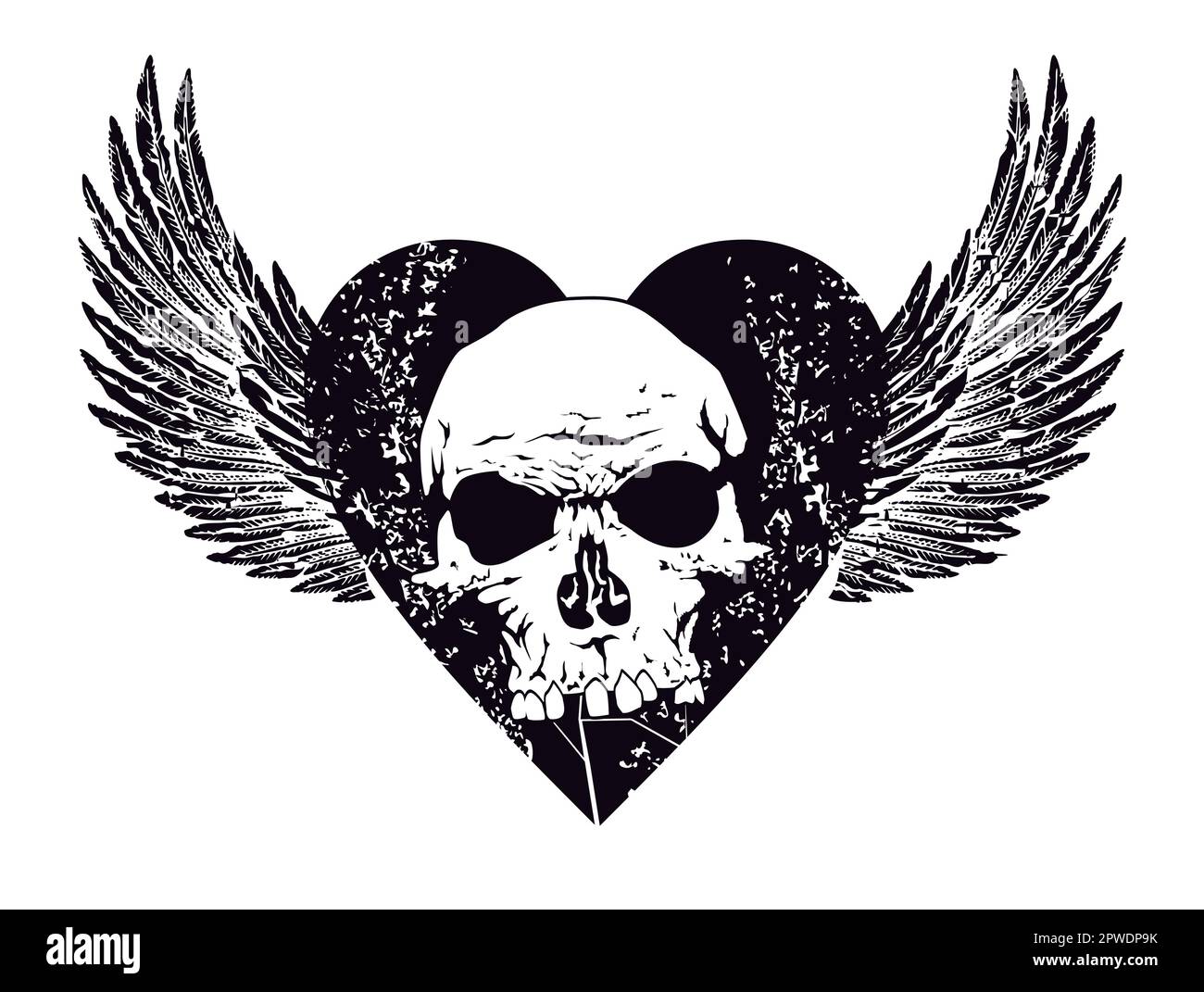 T-shirt à motif coeur à ailes noires et crâne. illustration vectorielle idéale pour une couverture d'album rock Illustration de Vecteur
