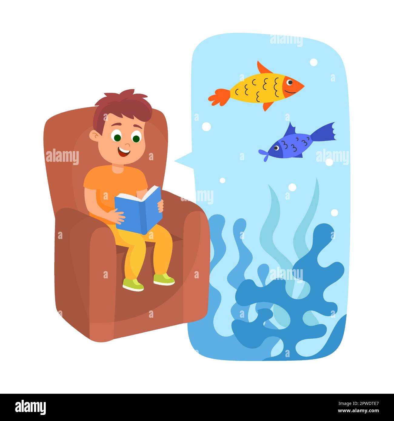 garçon lisant un livre sur le poisson de mer. Illustration vectorielle d'une fille et d'un garçon mignons avec des rêves magiques. Dessins animés étonnés enfants isolés sur blanc Illustration de Vecteur