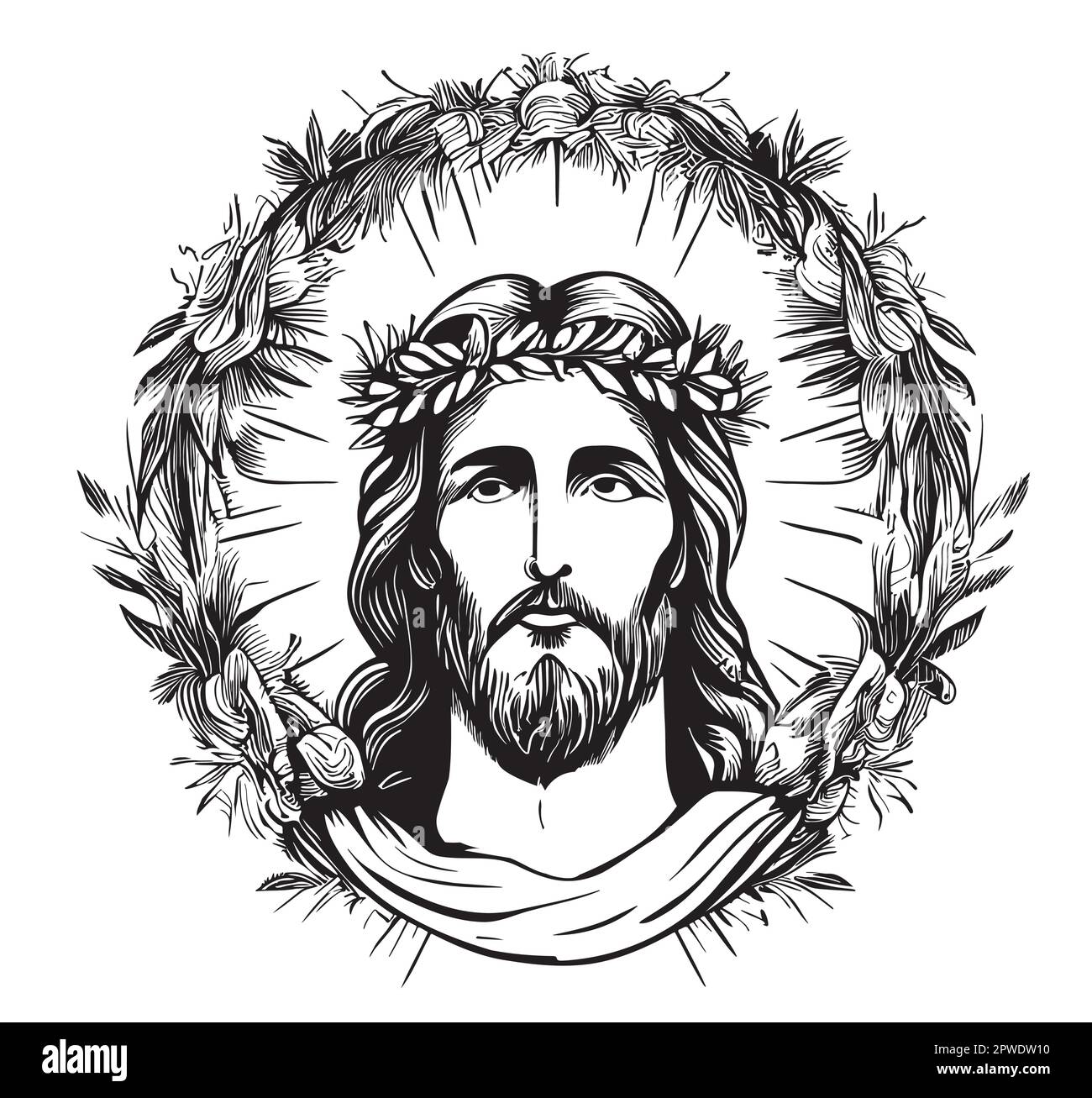 Portrait de Jésus dans une couronne croquis dessiné à la main dans le style de la caniche Illustration de Vecteur