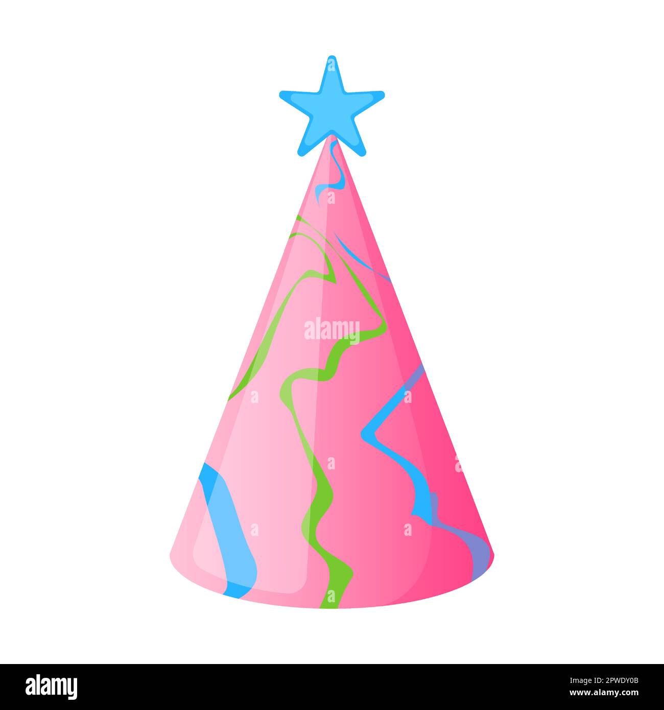 Casquette conique colorée avec étoile sur le dessus et rayures courbes abstraites pour une fête d'anniversaire heureuse. Illustration vectorielle d'un chapeau en papier pour enfants pour le carnaval Illustration de Vecteur
