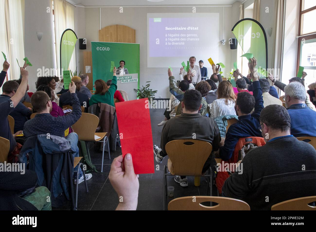 Namur, Belgique. 30th avril 2023. Le congrès du parti écologiste francophone Ecolo nommera le nouveau secrétaire d'Etat fédéral pour l'égalité et la diversité des sexes, dimanche 30 avril 2023, à Namur. Schlitz, secrétaire d'État depuis janvier 2020, a été contrainte de démissionner la semaine dernière après qu'il ait été révélé qu'elle avait utilisé son logo personnel sur des projets subventionnés par le gouvernement. BELGA PHOTO NICOLAS MATERLINCK crédit: Belga News Agency/Alay Live News Banque D'Images