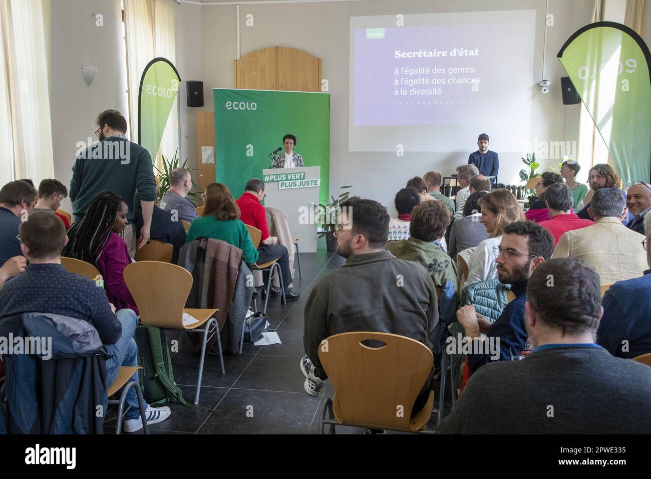 Namur, Belgique. 30th avril 2023. Le congrès du parti écologiste francophone Ecolo nommera le nouveau secrétaire d'Etat fédéral pour l'égalité et la diversité des sexes, dimanche 30 avril 2023, à Namur. Schlitz, secrétaire d'État depuis janvier 2020, a été contrainte de démissionner la semaine dernière après qu'il ait été révélé qu'elle avait utilisé son logo personnel sur des projets subventionnés par le gouvernement. BELGA PHOTO NICOLAS MATERLINCK crédit: Belga News Agency/Alay Live News Banque D'Images