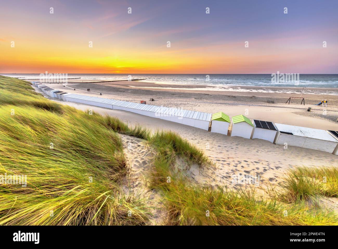 Maisons de plage sur la plage de Westkapelle vue depuis les dunes de Zeeland au coucher du soleil, pays-Bas. Paysage scène de la nature en Europe. Banque D'Images Maisons de plage sur la plage de Westkapelle vue depuis les dunes de Zeeland au coucher du soleil, pays-Bas. Paysage scène de la nature en Europe. Banque D'Images