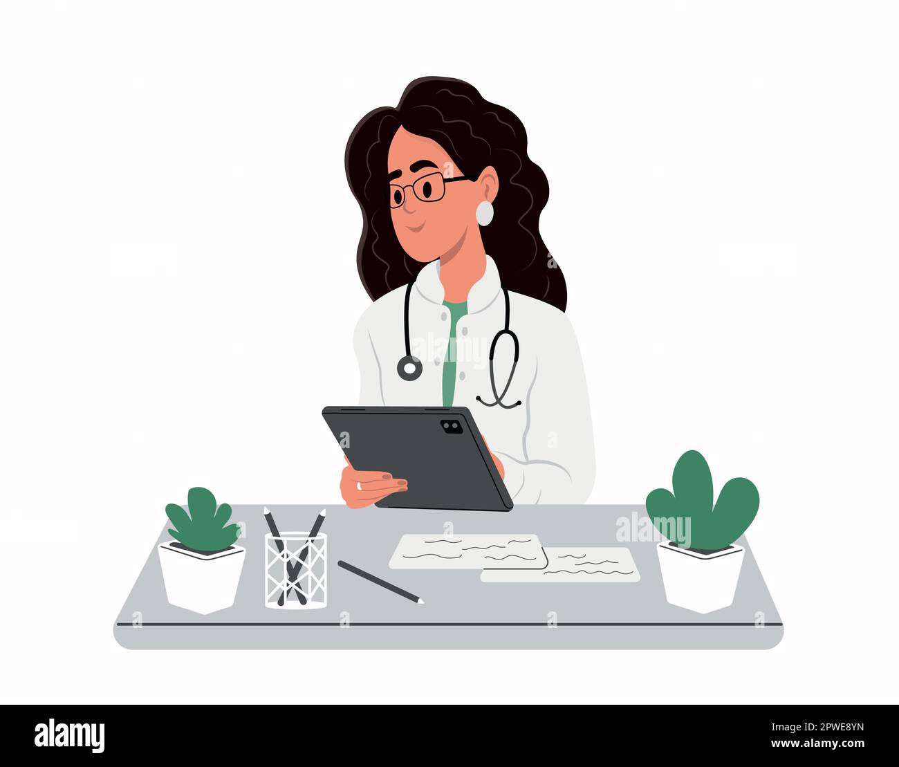 Consultation médicale en ligne sur une tablette numérique. Femme souriante médecin portant un uniforme blanc tablette pc. Illustration de Vecteur