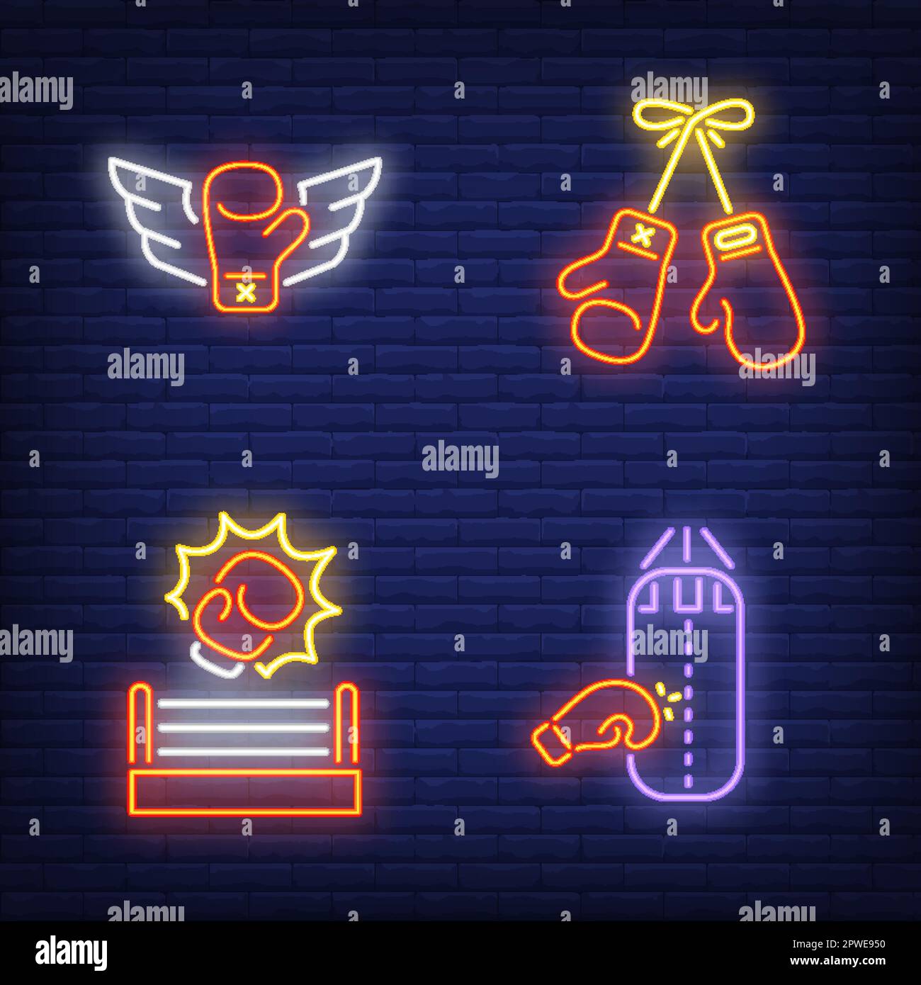 Ensemble de gants de boxe, de sacs de boxe et d'affiches fluo à anneaux Illustration de Vecteur