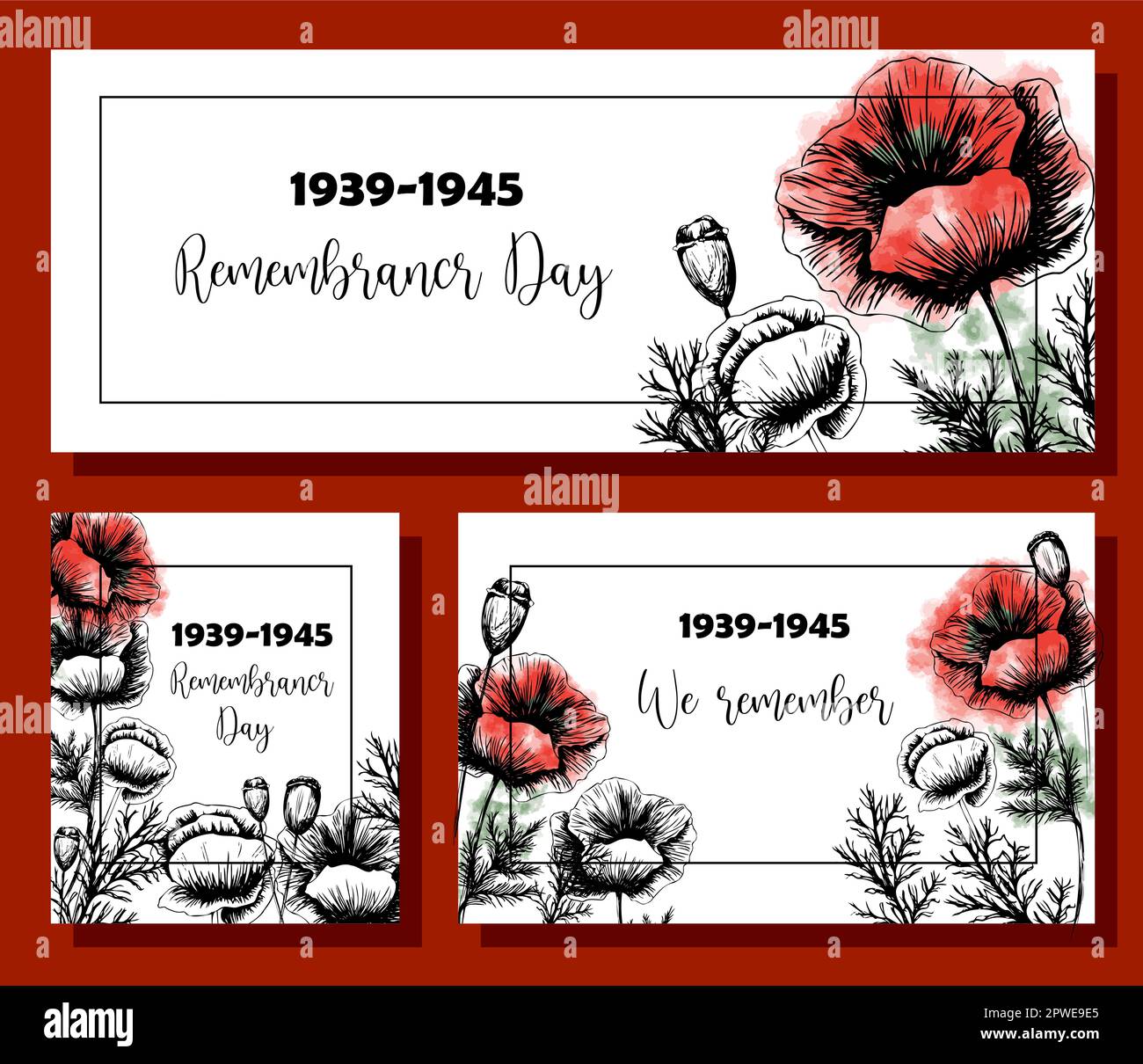 Ensemble de banderoles du jour du souvenir. Affiche sur la Seconde Guerre mondiale 1939-1945. Les coquelicots rouges sont un symbole de mémoire et de tristesse Illustration de Vecteur