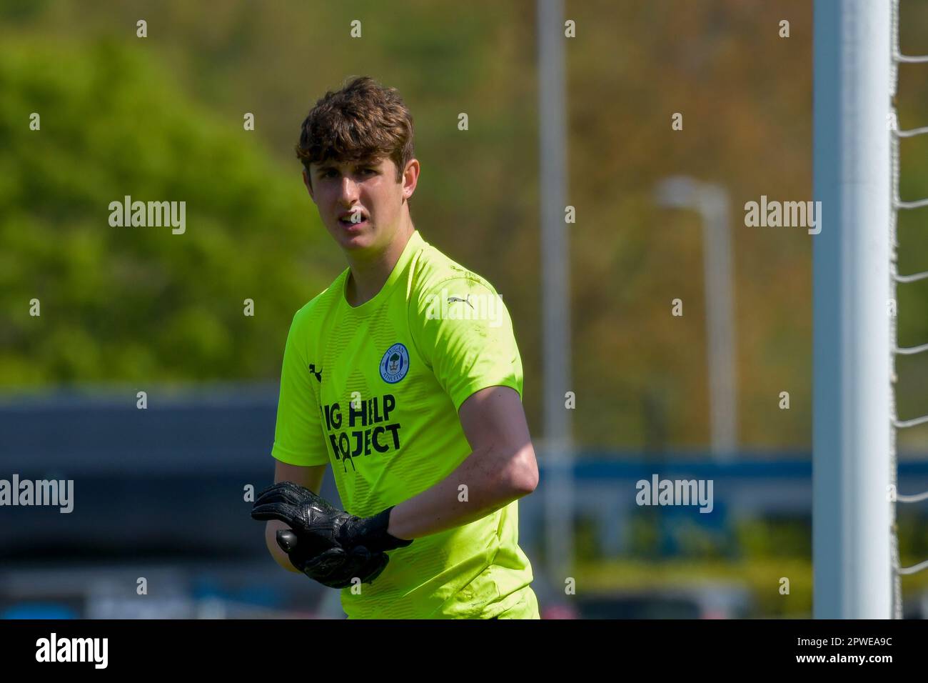 Swansea, pays de Galles. 29 avril 2023. Le gardien de but Matty Corran de Wigan Athletic lors du match de la Ligue de développement professionnel entre Swansea City moins de 18 ans et Wigan Athletic moins de 18 ans à la Swansea City Academy à Swansea, pays de Galles, Royaume-Uni, le 29 avril 2023. Crédit : Duncan Thomas/Majestic Media/Alay Live News. Banque D'Images