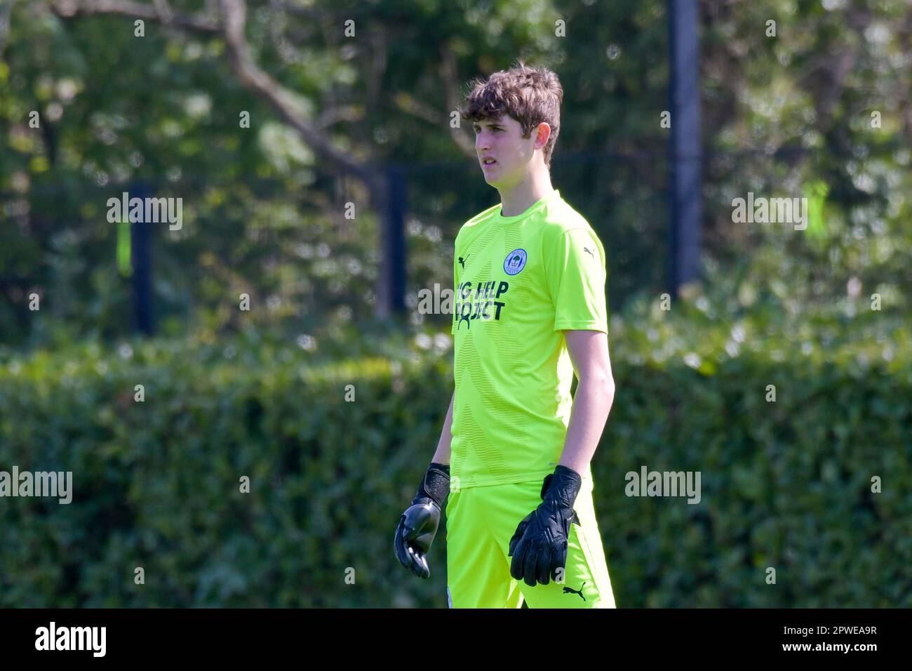 Swansea, pays de Galles. 29 avril 2023. Le gardien de but Matty Corran de Wigan Athletic lors du match de la Ligue de développement professionnel entre Swansea City moins de 18 ans et Wigan Athletic moins de 18 ans à la Swansea City Academy à Swansea, pays de Galles, Royaume-Uni, le 29 avril 2023. Crédit : Duncan Thomas/Majestic Media/Alay Live News. Banque D'Images