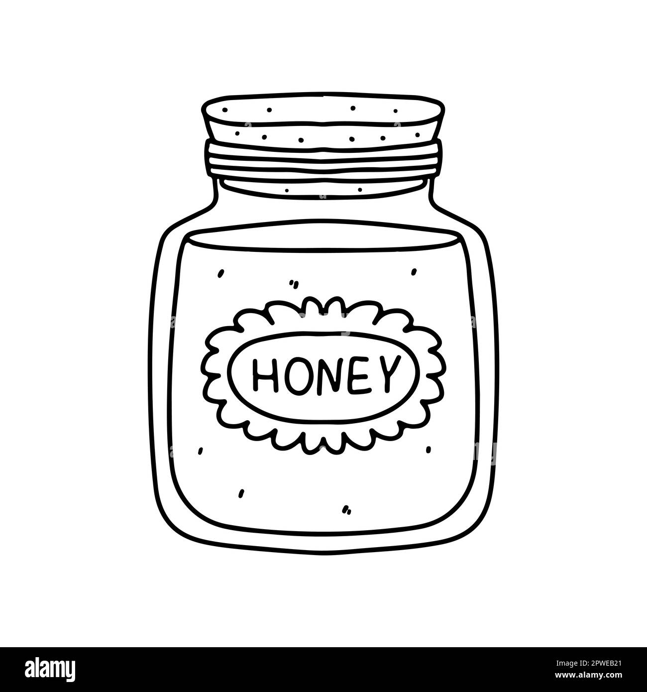 Miel dans un pot de style Doodle dessiné à la main. Illustration vectorielle isolée sur fond blanc. Page de coloriage Illustration de Vecteur
