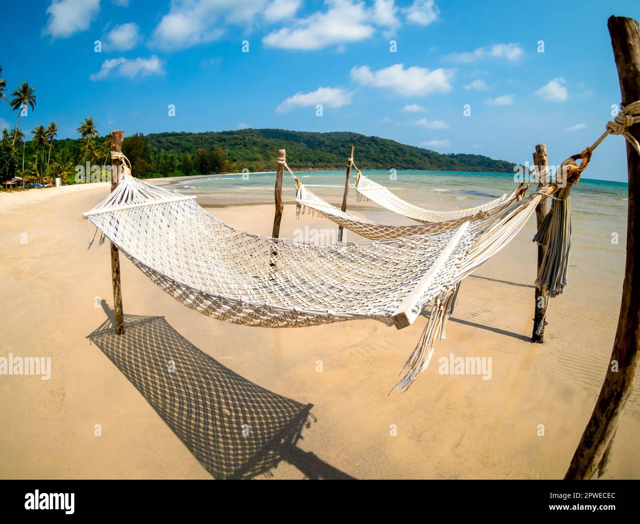 Trois berceau de corde vide accroché sur les poteaux en bois sur la plage de sable sur la mer, île et ciel bleu fond, vue fisheye. Berceau suspendu relaxant o Banque D'Images