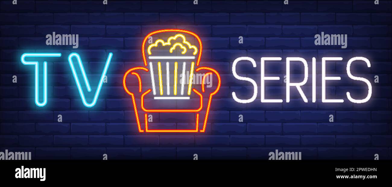 Série TV texte néon avec seau pop-corn dans le fauteuil Illustration de Vecteur