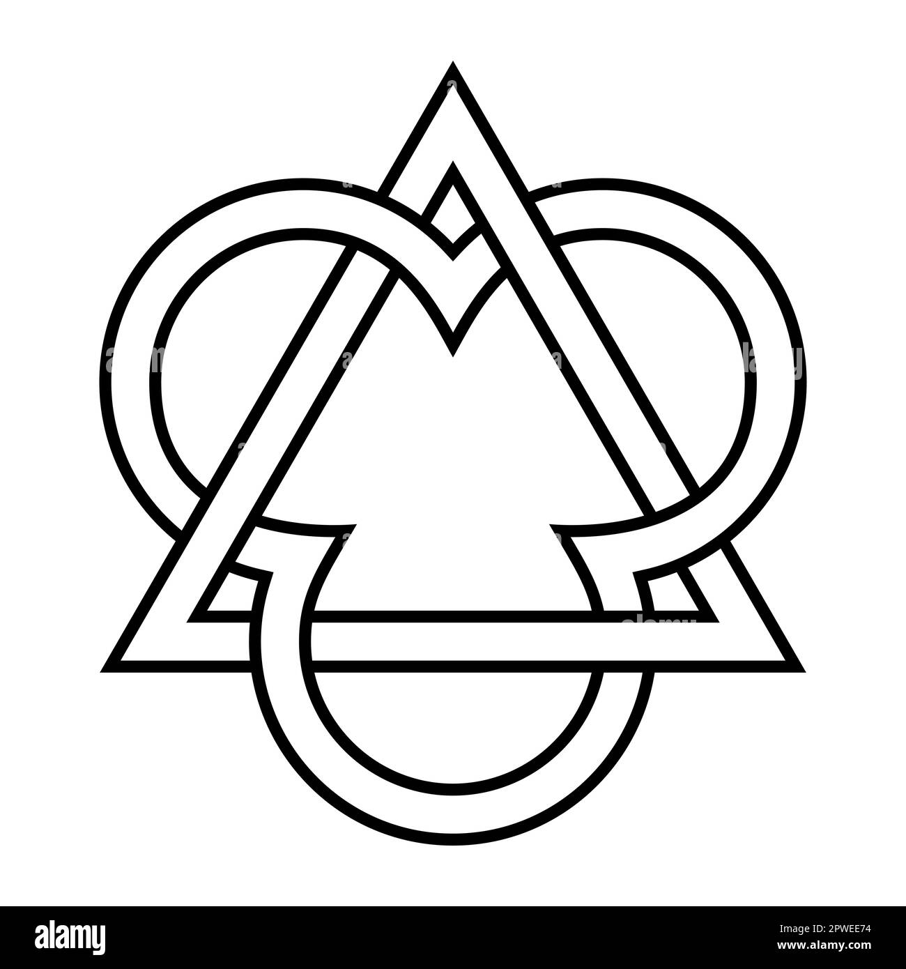 Triangle entrelacé avec trois segments d'un cercle, emblème de la Trinité. Trois cercles représentant le Père, le fils Jésus-Christ et le Saint-Esprit. Banque D'Images