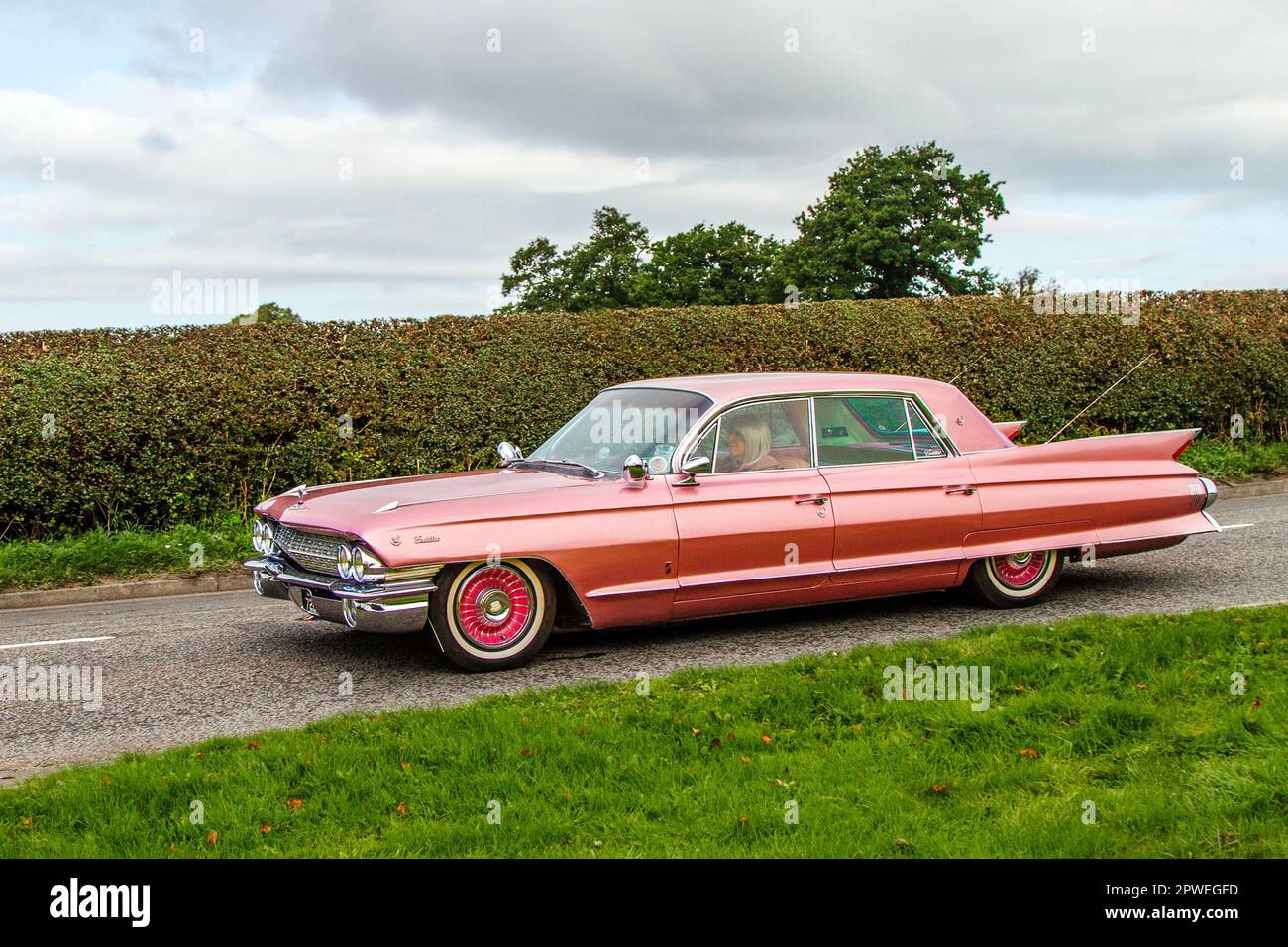 1961 Cadillac Pink car Petrol 6000 cc ; voiture classique isolée des États-Unis voyageant sur une voie de campagne à Congleton, Royaume-Uni Banque D'Images