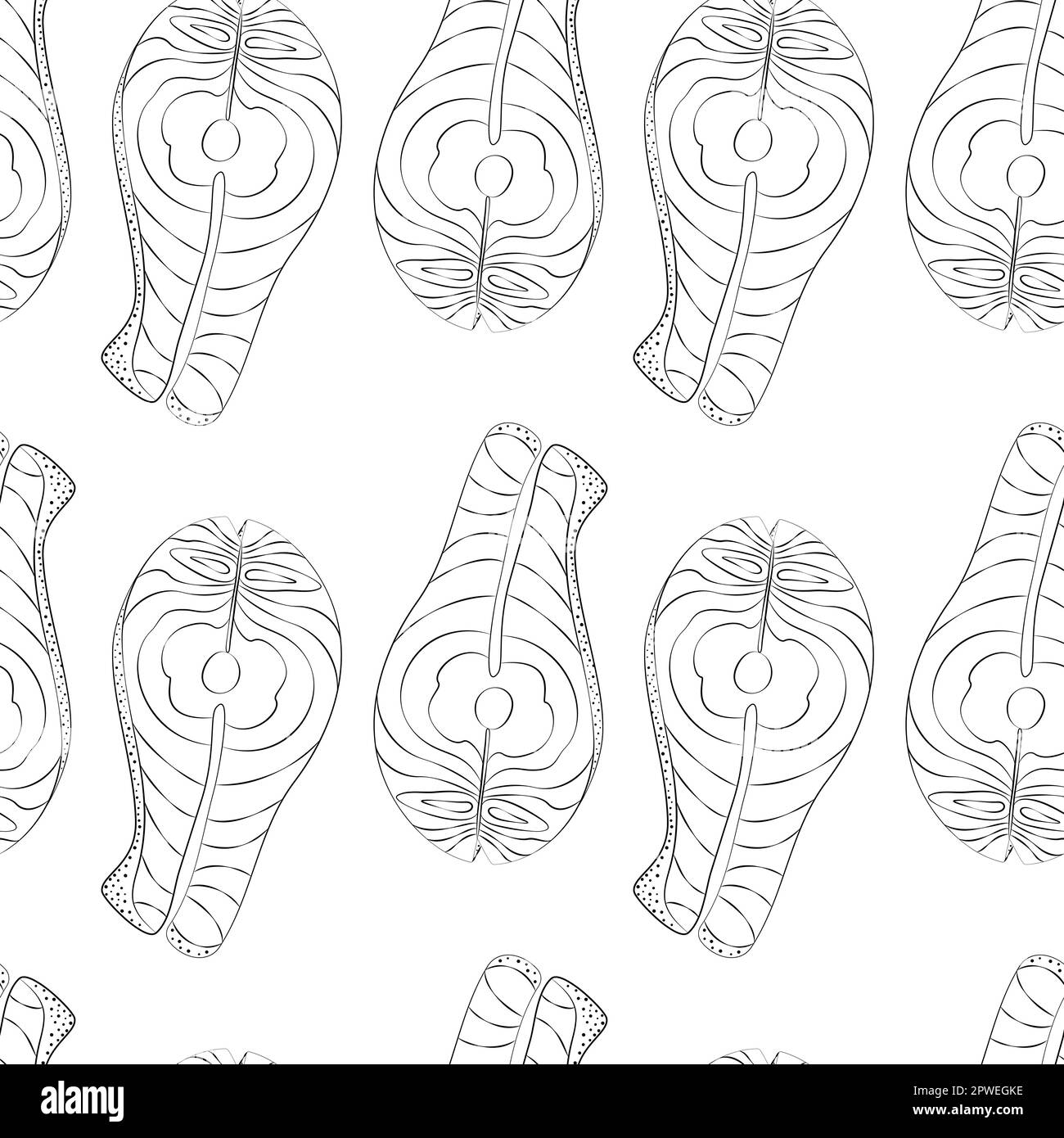 Motif sans couture de steak de saumon dessiné à la main. Journée manger sainement. Fruits de mer. Tracé de contour à main levée. Isoler. Design pour l'emballage, le papier peint ou le Web, l'emballage, la carte ou le prix, l'étiquette. Vecteur. EPS Illustration de Vecteur