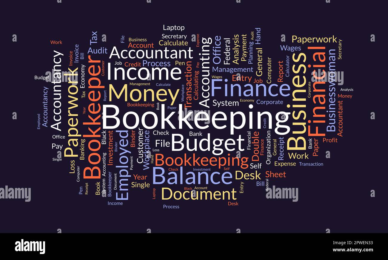 Concept d'arrière-plan Word Cloud pour la comptabilité. Budget financier, transaction commerciale crédit de paiement double chèque. illustration vectorielle. Illustration de Vecteur