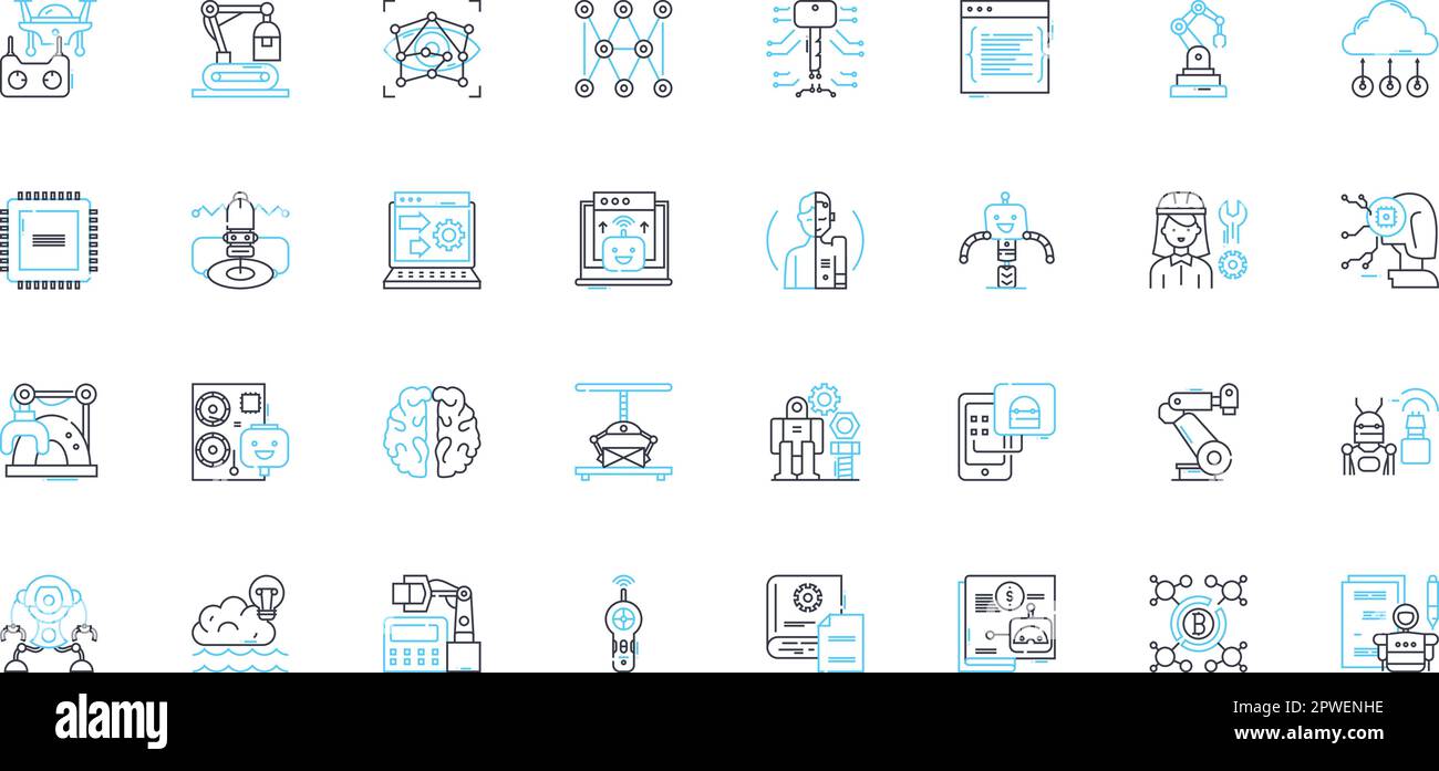 Jeu d'icônes linéaires de l'intelligence artificielle. Automatisation, apprentissage machine, robotique, nerks neuronaux, traitement du langage naturel, Systèmes experts, profonde Illustration de Vecteur