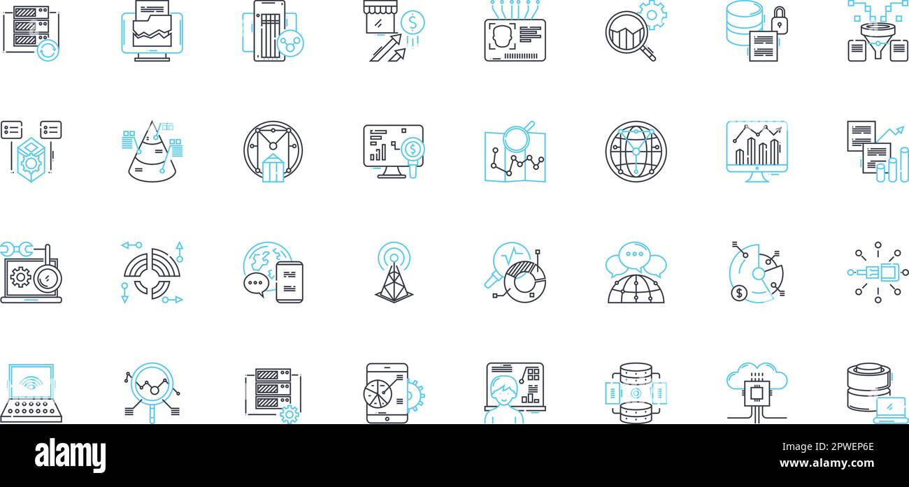 Jeu d'icônes linéaires de recherche de données. Analyse, Big Data, mise en cluster, corrélation, exploration de données, Vecteur de ligne et signes conceptuels descriptifs et empiriques Illustration de Vecteur