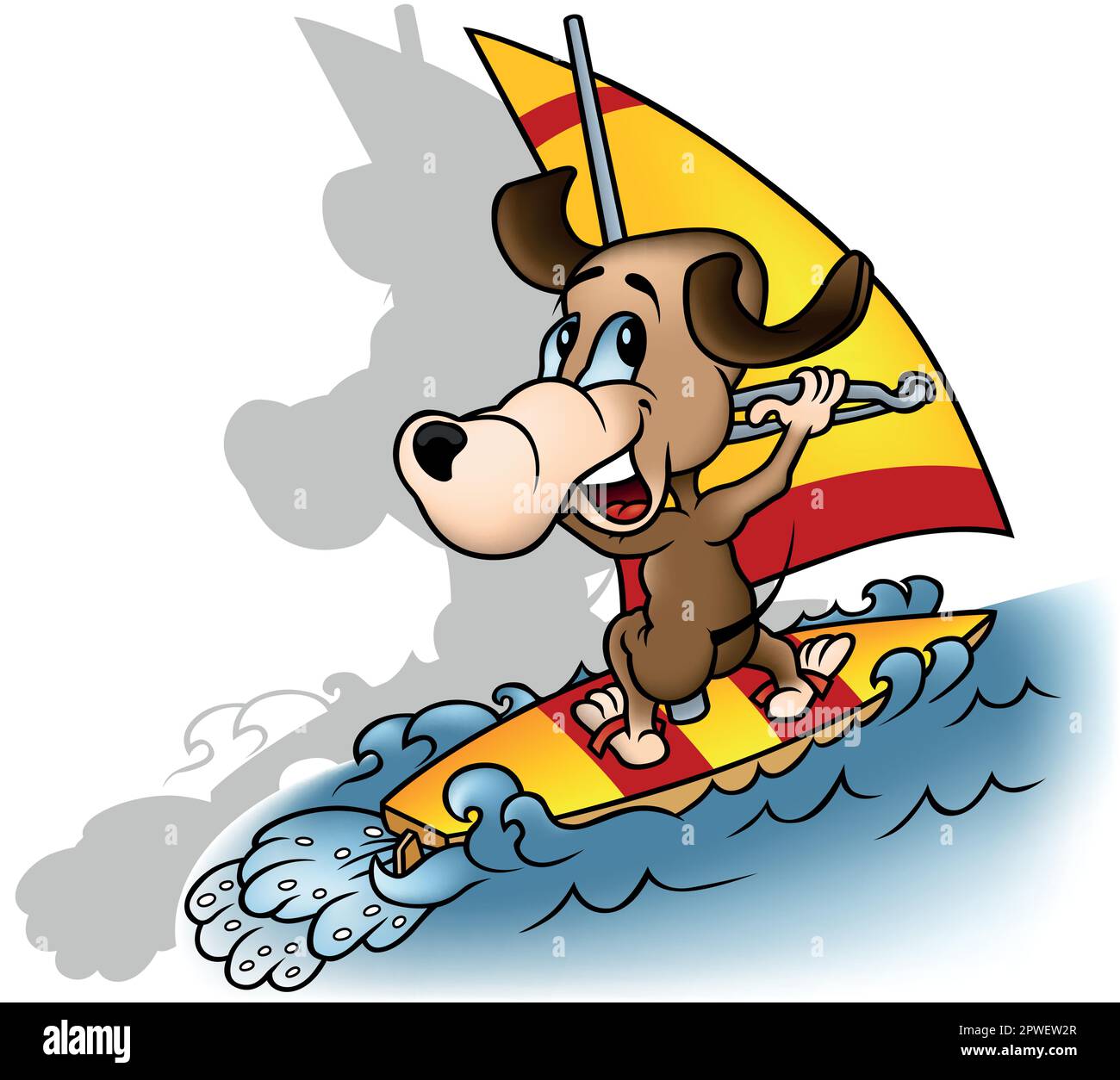 Riant, Doggy surfe sur les vagues de la mer Illustration de Vecteur