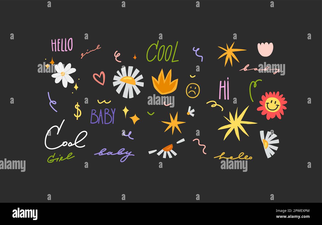 Dessin à la main vecteur résumé simple ensemble minimal de la nature décoration rétro vintage formes et lettering texte isolé.Abstract Doodle autocollants Illustration de Vecteur